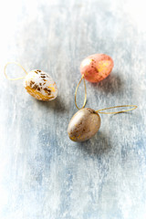 Easter Decoration. Rustic wooden background. Copy space.