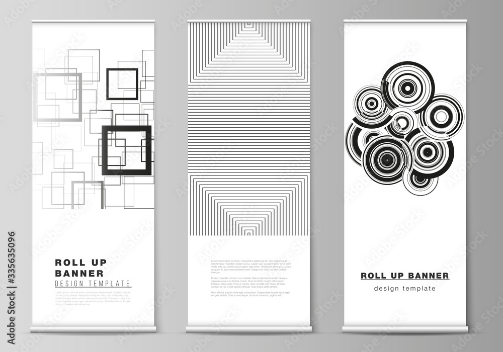 Poster the vector illustration layout of roll up banner stands, vertical flyers, flags design business temp