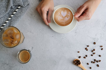 Coffee cup and beans top view with copyspace . flat lay latte for menu, background, banner and advertisement. brew caffeine drink and modern style.
