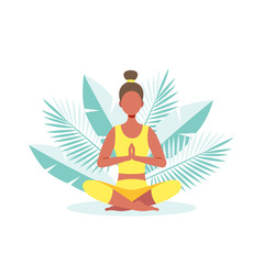 The girl on the background of palm leaves does yoga, meditates. Healthy lifestyle concept.Vector stock illustration.