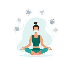 Obraz premium A girl in a medical mask does yoga, sits in a lotus position. The concept of home quarantine isolation during a coronavirus pandemic. Vector stock illustration.