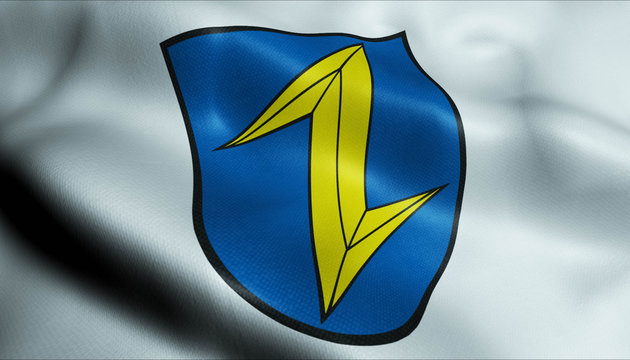 3D Waving Germany City Coat of Arms Flag of Wolfach Closeup View