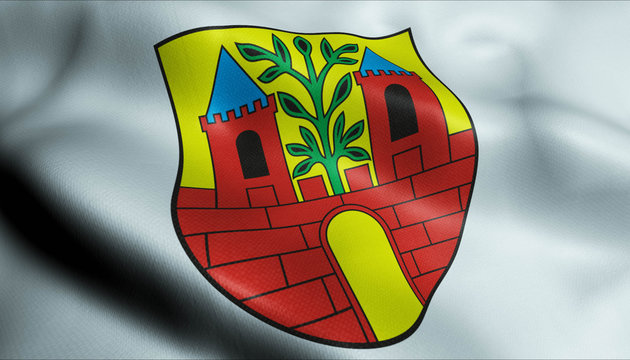 3D Waving Germany City Coat of Arms Flag of Weida Closeup View