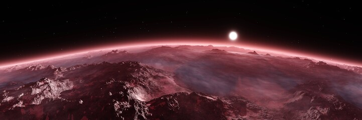 Obraz premium Planet from orbit, Mars at sunrise, sunset over Mars, 3D rendering