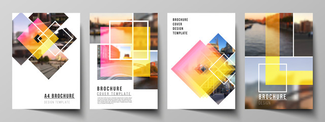 The vector layout of A4 format modern cover mockups design templates for brochure, magazine, flyer, booklet, annual report. Creative trendy style mockups, blue color trendy design backgrounds.