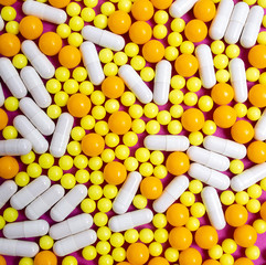 different colorful and white pills, capsules. Prevention, cure of influenza, coronavirus, covid-19....