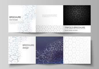 Fototapeta na wymiar Vector layout of square format covers design templates for trifold brochure. Digital technology and big data concept with hexagons, connecting dots and lines, polygonal science medical background.