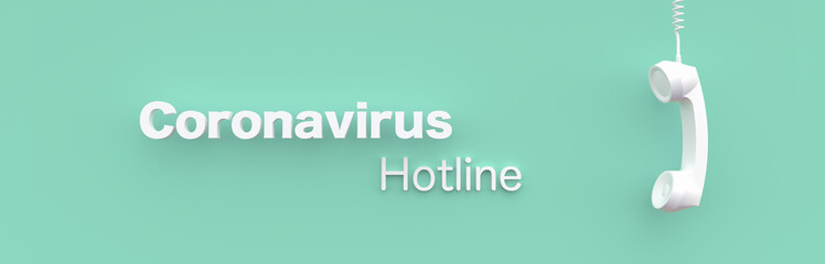 Hotline Landline telephone in front of a color wall background. Corona Covid-19 Virus concept - 3D Rendering.
