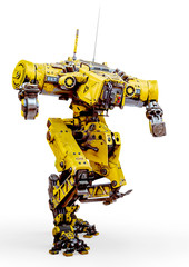 yellow combat mech in action in a white background