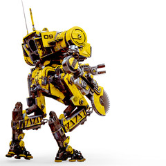 yellow combat mech is ready for war in a white background rear view