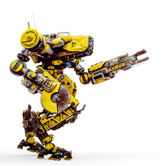 yellow combat mech is ready for war in a white background - obrazy, fototapety, plakaty