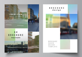 Vector layout of A4 cover mockups design templates for brochure, flyer layout, booklet, cover design, book design, brochure cover. Abstract project with clipping mask green squares for your photo.