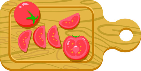 Sliced tomatoes and one whole tomato on cutting board. Cartoon illustration. Top view.