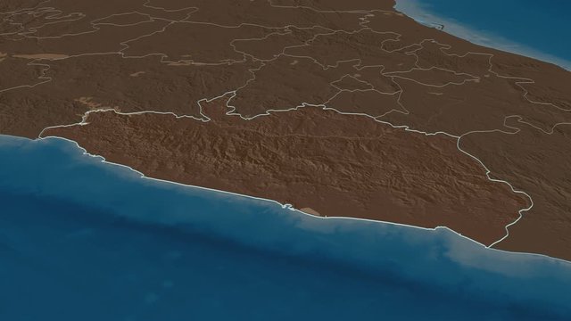 Guerrero, state with its capital, zoomed and extruded on the administrative map of Mexico in the conformal Stereographic projection. Animation 3D
