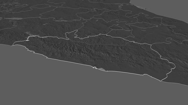 Guerrero, state with its capital, zoomed and extruded on the bilevel map of Mexico in the conformal Stereographic projection. Animation 3D