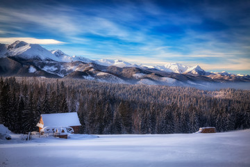 Zimowy widok z Głodówki na ośnieżone szczyty Tatr
