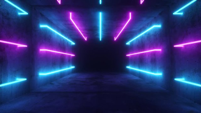 Flying in an abstract blue and purple futuristic interior. Corridor with neon luminous fluorescent lamps turned on. Futuristic architecture background. Concrete wall. Seamless loop 3d render
