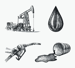 Hand-drawn set of oil industry attributes. Set includes hand holding a refueling gun, oil pump for oil extracting, huge drop of fuel and oil, fallen bfuel barrel with oil/fuel coming out. 