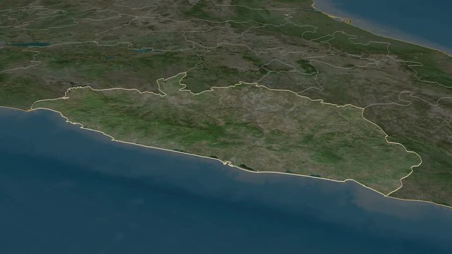 Guerrero, state with its capital, zoomed and extruded on the satellite map of Mexico in the conformal Stereographic projection. Animation 3D