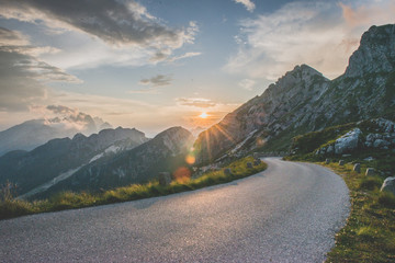 Stunning sunset among mountains at Mantgart, Slovenia