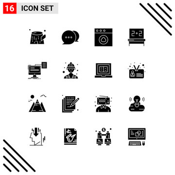 Mobile Interface Solid Glyph Set Of 16 Pictograms Of Builder, Cv, Mac, Print, Resume