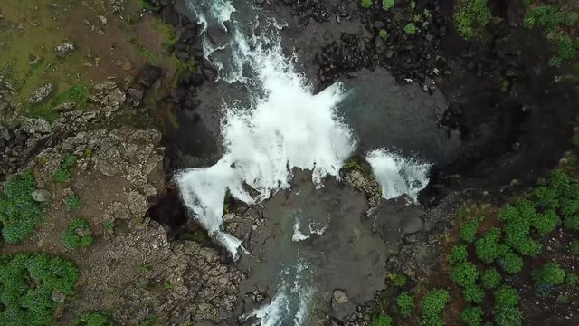 Aerial view of the beautiful fossarett waterfall in iceland