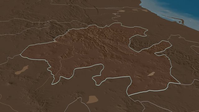Hidalgo, state with its capital, zoomed and extruded on the administrative map of Mexico in the conformal Stereographic projection. Animation 3D