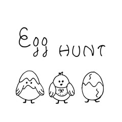 Easter elements, egg basket. Egg hunt. Sketch style hand drawn elements. Stock outline vector illustration, isolated on white background.