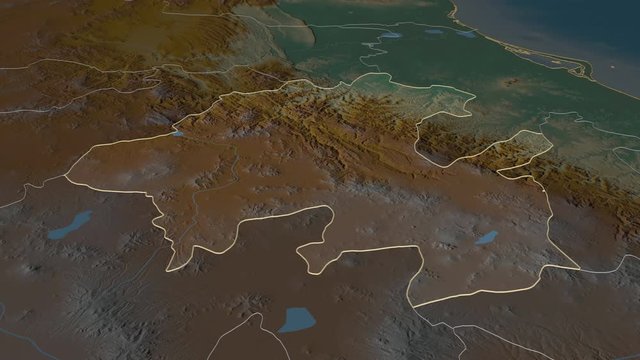 Hidalgo, state with its capital, zoomed and extruded on the relief map of Mexico in the conformal Stereographic projection. Animation 3D