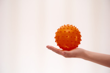 female hands hold a round virus-like object. Social Virus Hygiene Banner
