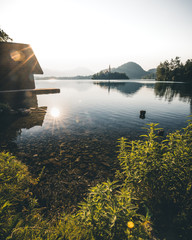 Fototapeta premium Catholic church situated on an island on Bled lake with mountains and villages on the background