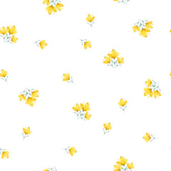 Schattig aquarel naadloze bloempatroon, eenvoudige wilde bloemen planten, gele bloemen, gras. Illustratie op witte achtergrond. Goed voor textiel, inpakpapier, achtergrond, zomerontwerp enz.