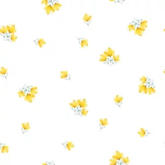 Papier Peint photo Aquarelle ensemble 1 Modèle sans couture d& 39 aquarelle de fleur mignonne, plantes de fleurs sauvages simples, fleurs jaunes, herbe. Illustration sur fond blanc. Bon pour le textile, le papier d& 39 emballage, l& 39 arrière-plan, le design d& 39 été, etc.