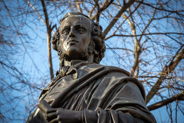 Leipzig, Germany, 02-03-2020 Monument to the composer Felix Mendelssohn-Bartholdy in front of the St. Thomas Church