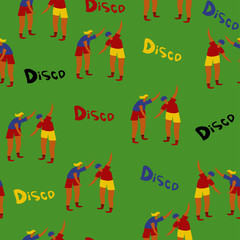Dancing couple at the disco in vector. Modern seamless pattern for greeting cards, packaging, decorative paper, school notebooks, website, textiles, fashion, souvenirs. Bright colors.