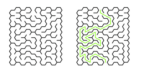 A 10x10 rectangular maze with hex cells and solution