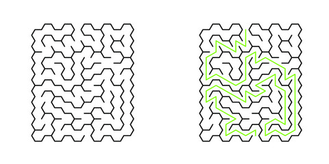 A 10x10 rectangular maze with hex cells and solution