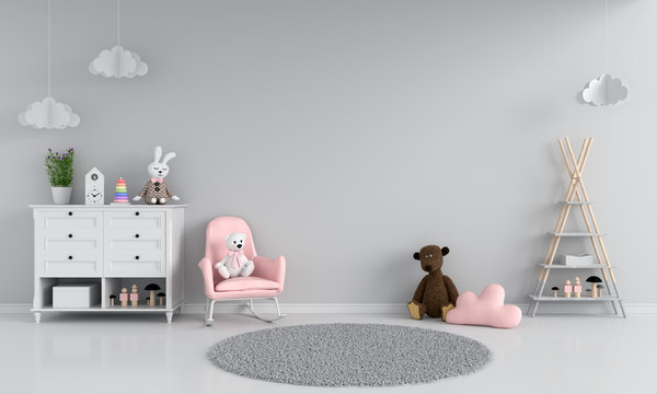 Sofa in gray child room interior, 3D rendering