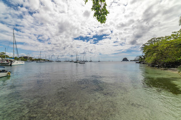 Saint Vincent and the Grenadines, sailboats on mooring in Blue Lagoon