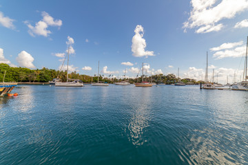 Saint Vincent and the Grenadines, sailboats on mooring in Blue Lagoon