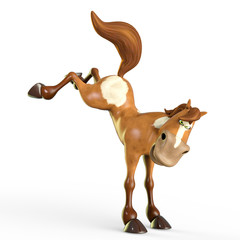 horse cartoon is a little bit angry and kicking on white background © DM7