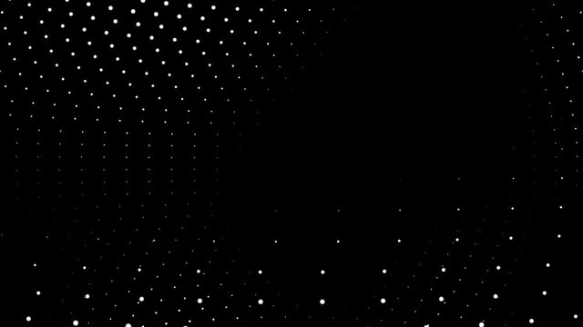Seamless halftone white dots randomly appear and disappear in motion at black background.
