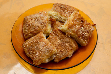 Delicious homemade burrito slices , ready to eat. Turkish borek slices.