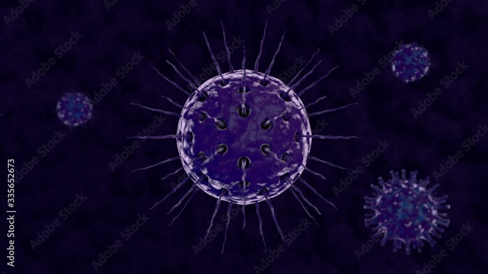 Poster 3d animation of the purple coronavirus covid-19 the bacterium spreads its tentacles and draws them b