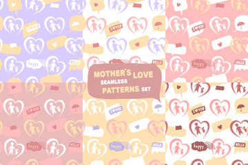 Mother`s love seamless patterns set with hearts and parent with child