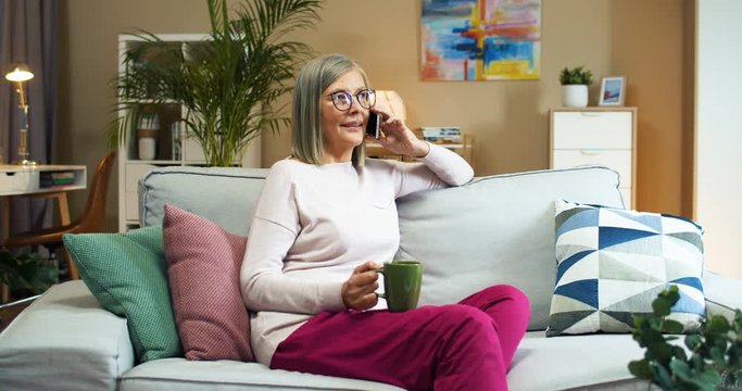 Happy Caucasian pretty old woman with cup of coffee talking on phone while sitting on sofa in cozy room. Beautiful joyful senior female with hot drink calling on cellphone indoors. Home concept