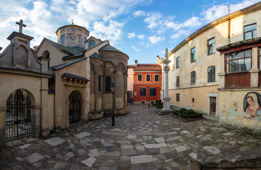 Empty Lviv streets during COVID-19 Quarantine.  The Armenian Cathedral of the Assumption of Mary , armenian courtyard