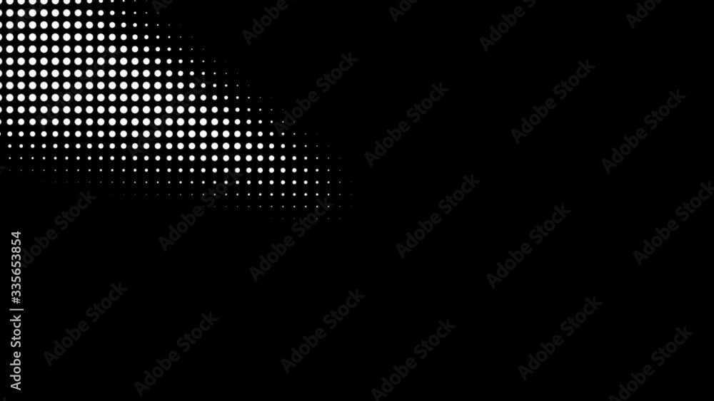 Poster seamless halftone white dots appear and disappear in the form of a searchlight at black background.