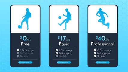 Vector illustration. Minimalistic template with footballer silhouettes at different poses. Difficulty levels. Abstract background. Design game or price table. Futuristic concept. Gradient blue color 