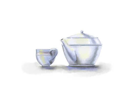 Watercolor illustration of a set of hot beverage, tea, teapot, cup of tea